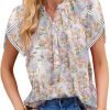 Womens Tops Summer Casual Boho Floral Print Short Sleeve Half Button Down V Neck Chiffon Blouses Shirts