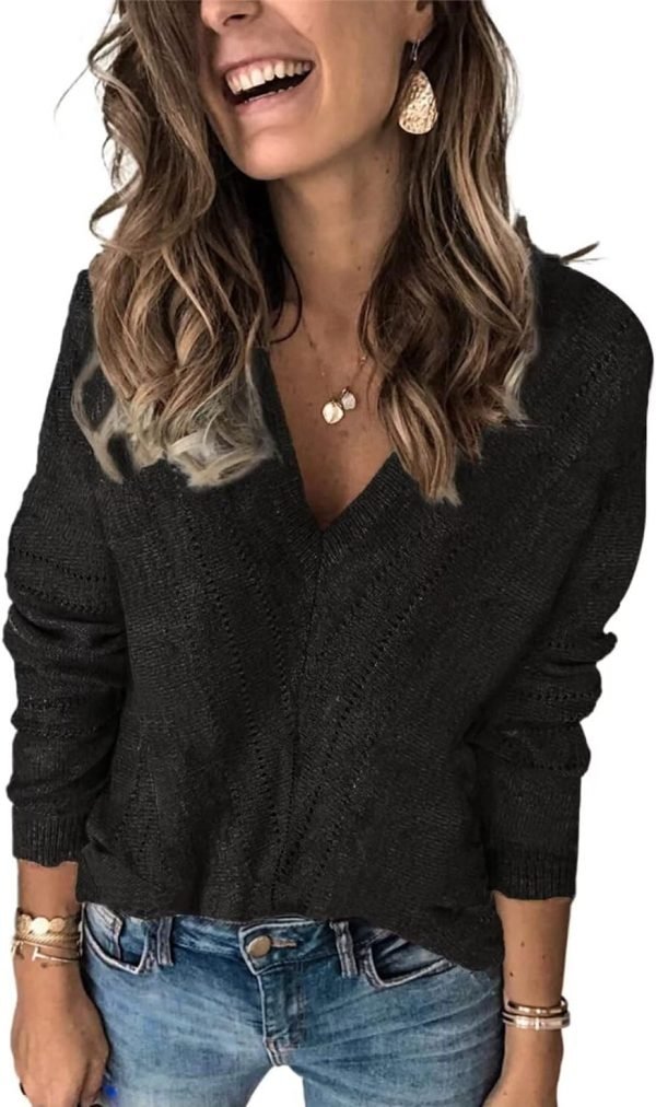 Womens 2024 Deep V Neck Sweaters Striped Long Sleeve Knit Pullover Sweaters for Women