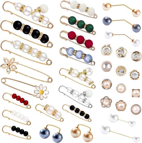 35 Pcs Pearl Brooch, Sweater Shawl Hat Clip Neckline Pins Double Faux Pearl Brooches for Women Girls Fashion Cover Up Buttons Clothing Dresses Decoration Accessories Pant Waist Tightener Safety Pins