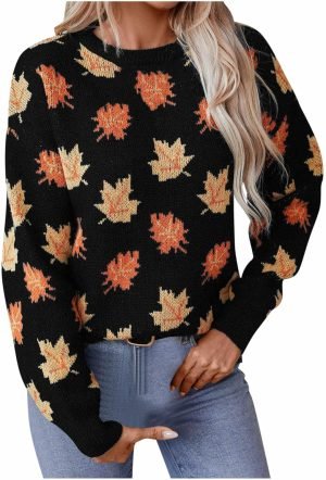 713qP4TEIAL._AC_SL1500 Women's Casual Maple Leaf Print Crewneck Knit Sweater 2024 Fall Winter Fashion Long Sleeve Graphic Loose Jumpers Tops
