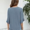 Womens 3/4 Sleeve Chiffon Blouses V Neck Double Layers Mesh Shirts Dressy Flowy Tunic Tops (M-5XL)
