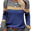 Women Autumn Winter Colorblock Pullover Sweaters Round Neck Striped Slim Fitting Knitwear Tops