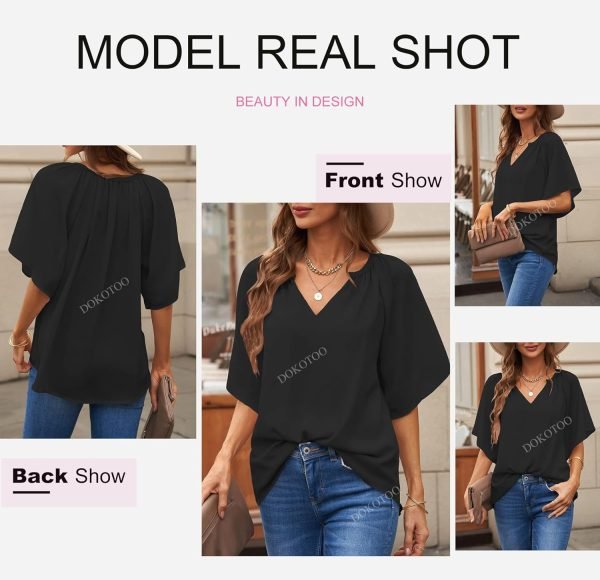 7143YxBhoJL._AC_SL1500 Womens Chiffon Blouses Casual Solid Bell Sleeve Shirt Loose V Neck Pleated Tunic Tops