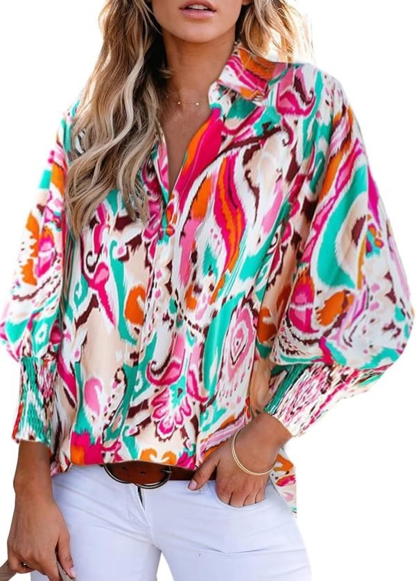 Women 2024 Loose V-Neck Shirts Paisley Print Lantern Sleeve Blouse Tops