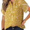 Womens Tops Summer Casual Boho Floral Print Short Sleeve Half Button Down V Neck Chiffon Blouses Shirts
