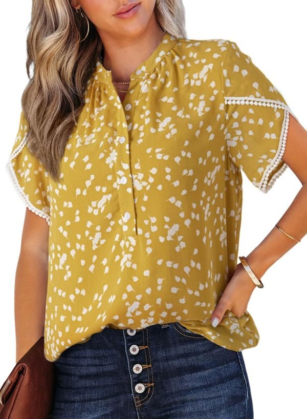 Womens Tops Summer Casual Boho Floral Print Short Sleeve Half Button Down V Neck Chiffon Blouses Shirts