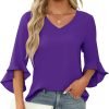 Chiffon Blouses for Women Ruffle 3/4 Sleeve Dressy V Neck Casual Flowy Tunic Tops