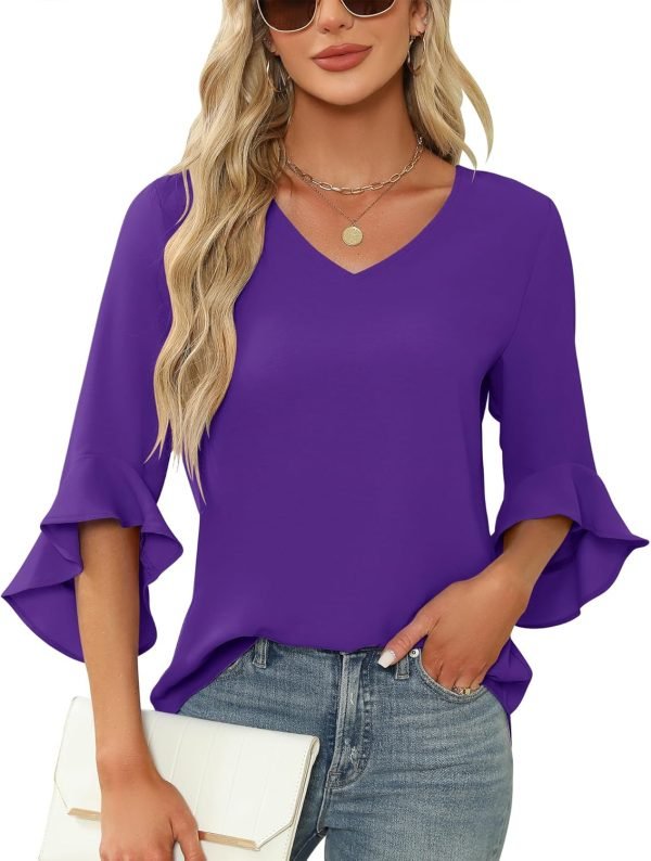 Chiffon Blouses for Women Ruffle 3/4 Sleeve Dressy V Neck Casual Flowy Tunic Tops