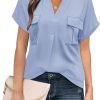 Women Dressy Casual V Neck Short Sleeve Dress Shirts Summer Work Tops Tunics Solid Color Chiffon Blouse