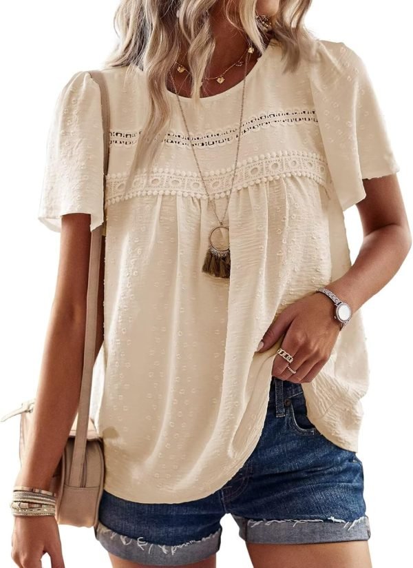 Womens Summer Tops Crewneck Short Sleeve Shirts Casual Chiffon Blouses Flowy Lace Hem Boho Clothing Trendy 2024