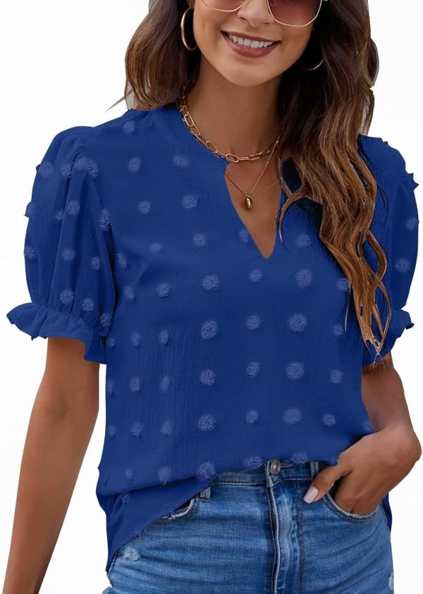 Womens Puff Sleeve Summer Tops Chiffon Short Sleeve Blouses White V Neck Pom Pom Shirts