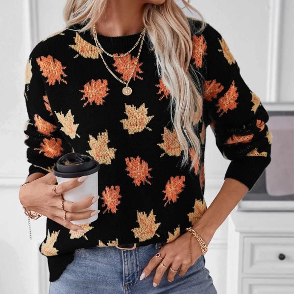 Women's Casual Maple Leaf Print Crewneck Knit Sweater 2024 Fall Winter Fashion Long Sleeve Graphic Loose Jumpers Tops