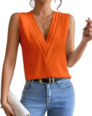 715WbAoFoOL._AC_SL1500 Sleeveless Chiffon Tops for Women Summer Triple V-neck T Shirts Business Office Dressy Outfit Blouse