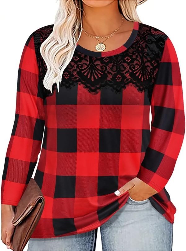 Plus Size Lace Tops for Women Long Sleeve Crewneck Pullover Fall T-shirts Tunics Basic Tees T-Shirts XL-5XL