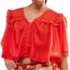 715gZuqb9mL._AC_SL1500 Women's Sexy Low Cut Chiffon Shirt 3/4 Sleeve V Neck Sheer Button Down Blouse Cute Ruffle Lace Trim Top