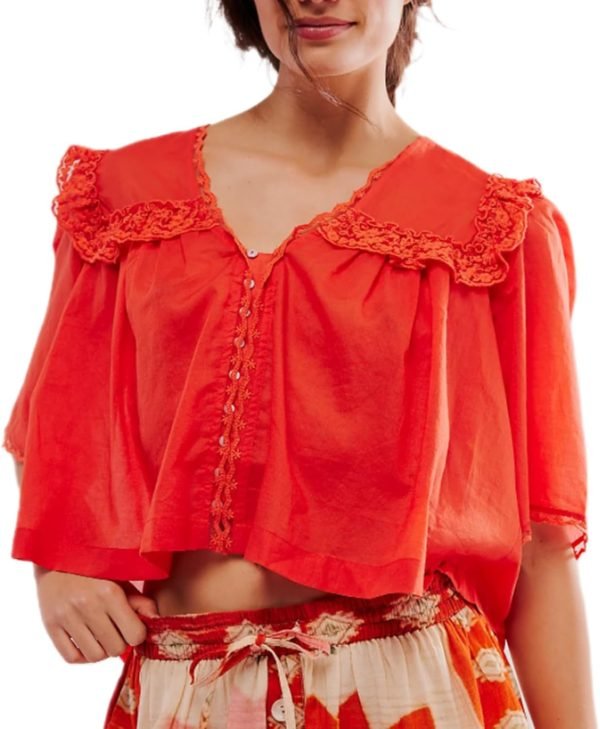 715gZuqb9mL._AC_SL1500 Women's Sexy Low Cut Chiffon Shirt 3/4 Sleeve V Neck Sheer Button Down Blouse Cute Ruffle Lace Trim Top