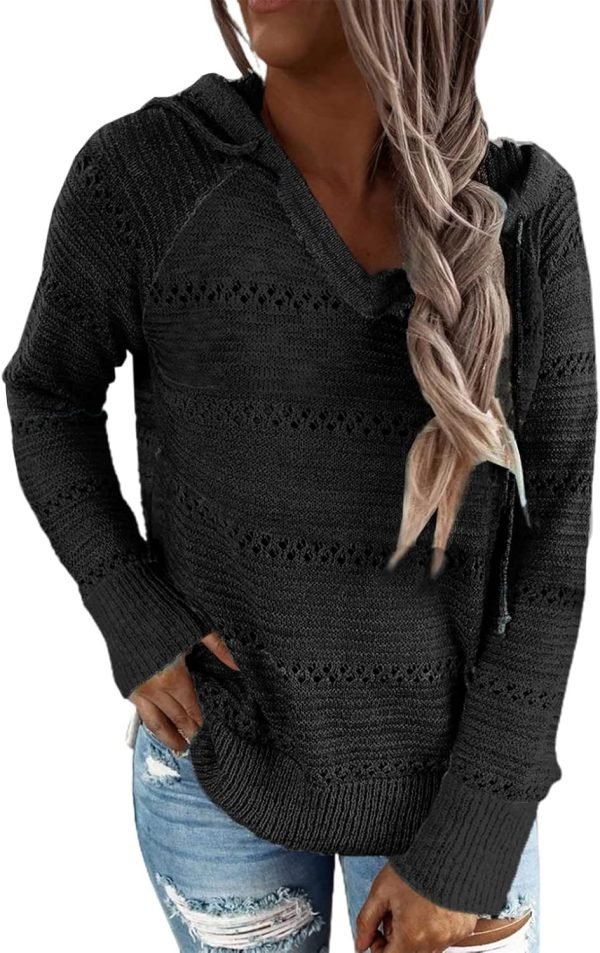 Women Color Block Hooded Crochet Striped Sweaters Lightweight Drawstring Hoodies Pullover Trendy Sweatshirts