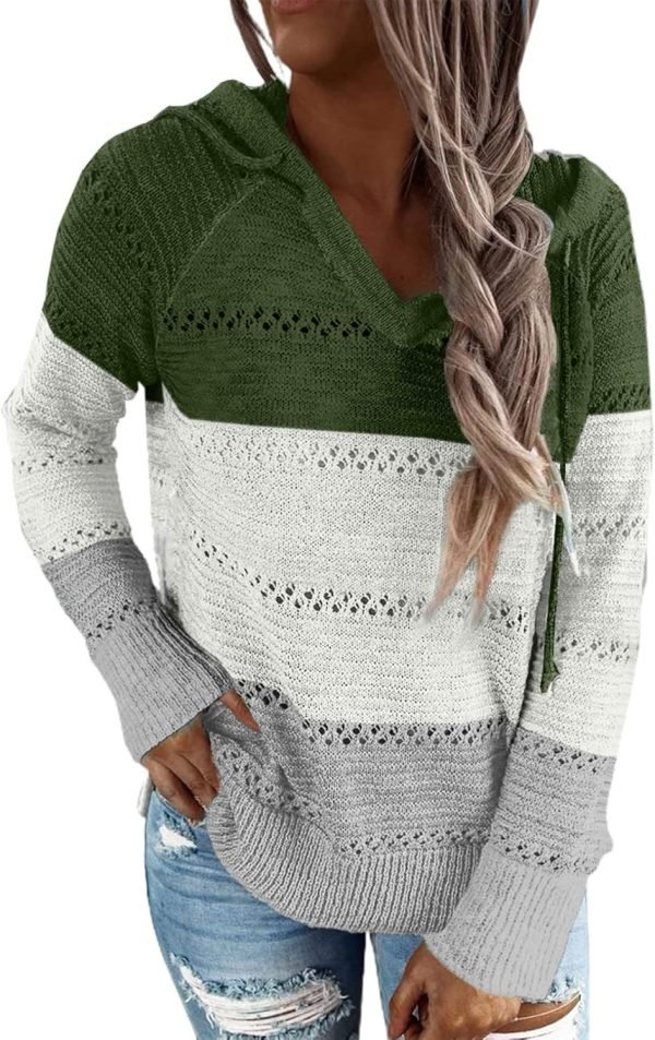 Women Color Block Hooded Crochet Striped Sweaters Lightweight Drawstring Hoodies Pullover Trendy Sweatshirts