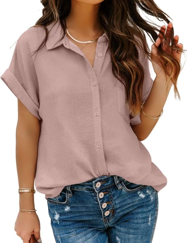Women Chiffon Button Down Shirts with Pocket Short Sleeve Office Blouses V Neck Casual Business Tops Slim Fit Shirts
