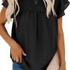 Womens Crewneck Lace Crochet Pom Pom Flowy Short Sleeve Casual Shirts Blouses Tops