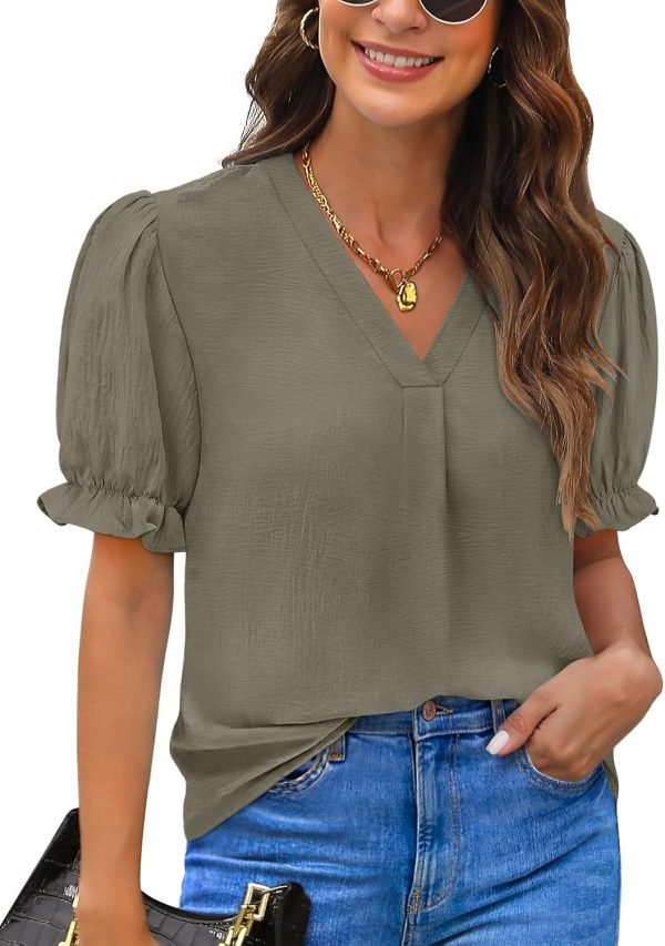 Women Dressy Casual Puff Short Sleeve Summer Tops V Neck Work Blouses