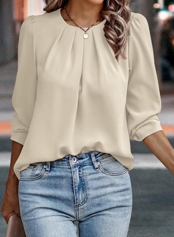 Womens Tops Dressy Casual Pleated Crew Neck Long Sleeve Shirts Office Work Chiffon Blouses