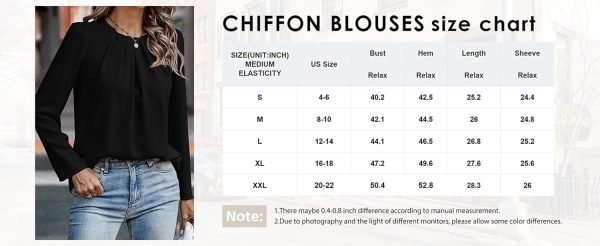 Womens Tops Dressy Casual Pleated Crew Neck Long Sleeve Shirts Office Work Chiffon Blouses