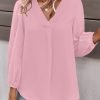 Women's Long Sleeve V Neck Shirt Dressy Pleated Top Casual Loose Chiffon Blouses