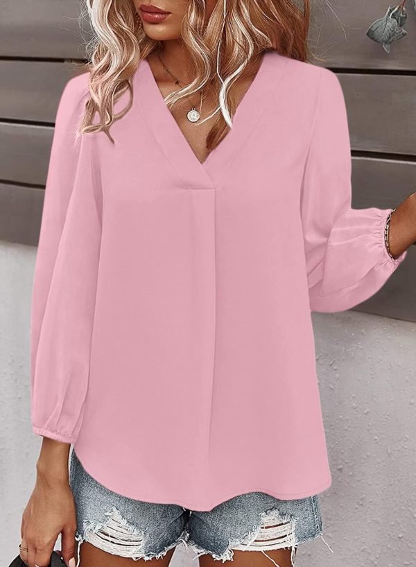 Women's Long Sleeve V Neck Shirt Dressy Pleated Top Casual Loose Chiffon Blouses
