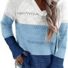 Women Color Block Hooded Crochet Striped Sweaters Lightweight Drawstring Hoodies Pullover Trendy Sweatshirts