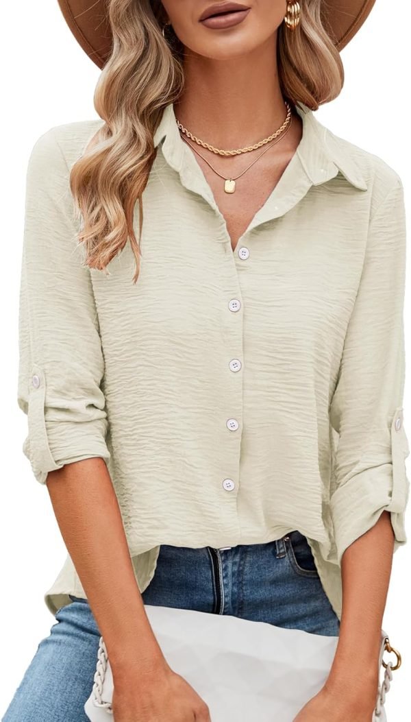 Womens Button Down Shirts V Neck Roll Up 3/4 Length Sleeve Tops Elegant Dressy Blouses Business Casual Outfits