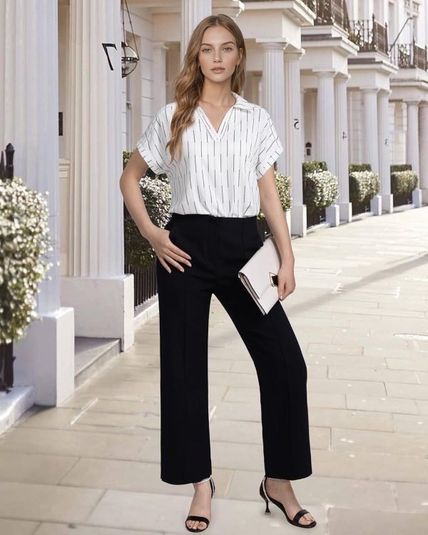 Women's Short Sleeve Chiffon Blouses Office Work Dress Shirts Business Casual Tops