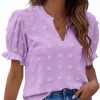 Womens Puff Sleeve Summer Tops Chiffon Short Sleeve Blouses White V Neck Pom Pom Shirts