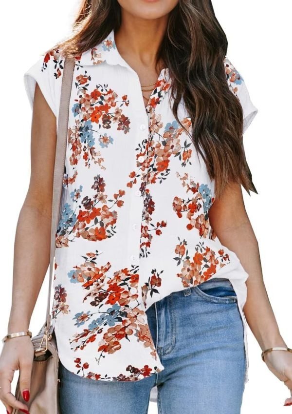 Women's V Neck Short Sleeve Button Down Shirts Casual Chiffon Blouses Tops
