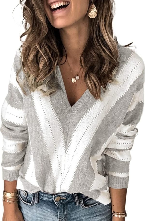 Womens 2024 Deep V Neck Sweaters Striped Long Sleeve Knit Pullover Sweaters for Women