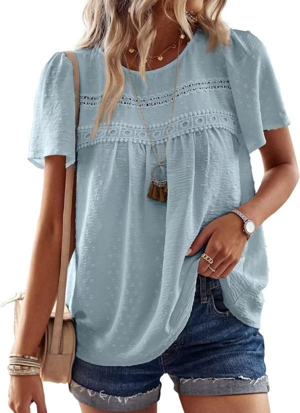 Womens Summer Tops Crewneck Short Sleeve Shirts Casual Chiffon Blouses Flowy Lace Hem Boho Clothing Trendy 2024
