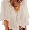 717ueYfQLKL._AC_SL1500 Women's Sexy Low Cut Chiffon Shirt 3/4 Sleeve V Neck Sheer Button Down Blouse Cute Ruffle Lace Trim Top