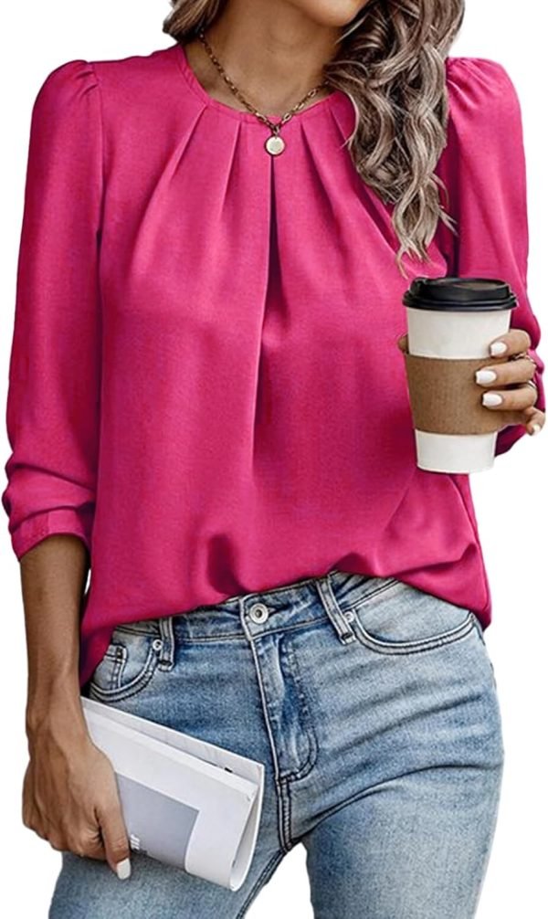 Womens Tops Dressy Casual Pleated Crew Neck Long Sleeve Shirts Office Work Chiffon Blouses