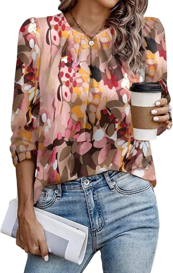 Womens Tops Dressy Casual Pleated Crew Neck Long Sleeve Shirts Office Work Chiffon Blouses