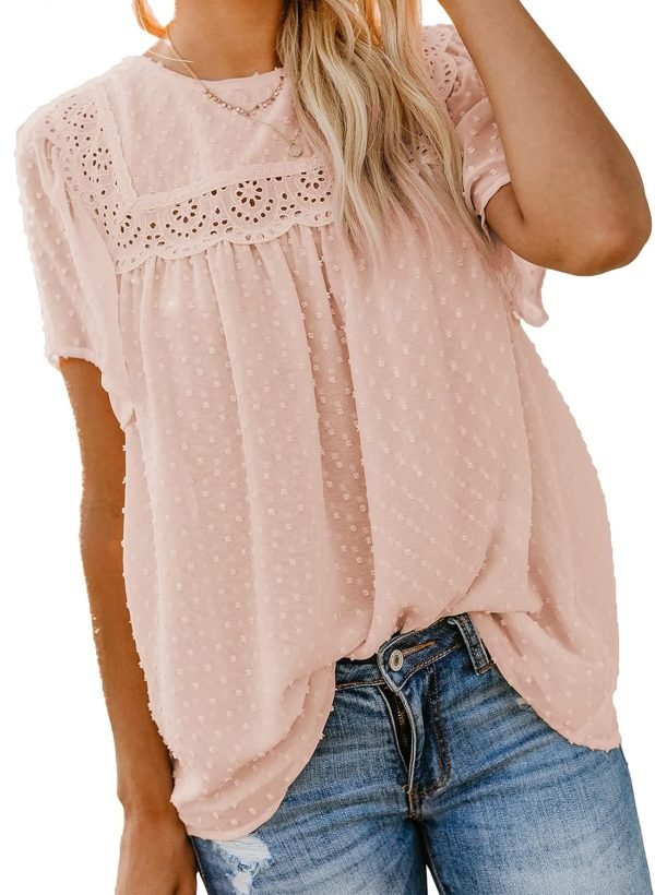 Womens Crewneck Lace Crochet Pom Pom Flowy Short Sleeve Casual Shirts Blouses Tops