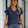 Womens Tops Dressy Casual V Neck Ruffle Short Sleeve Blouse Business Casual Tops Chiffon Flowy Shirt Cute Summer Tops