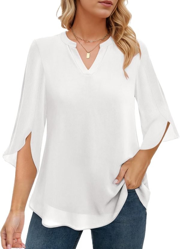 Women's 3/4 Sleeve Chiffon Blouses for Women Dressy Casual, V Neck Double Layers Chiffon Blouses 2024, Tunic Tops