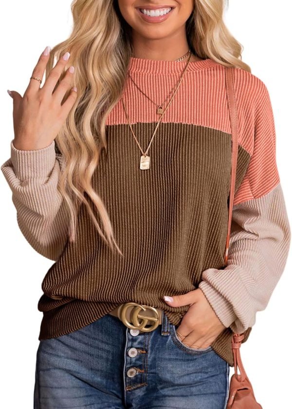 Womens Fashion 2024 Color Block Long Sleeve Crewneck Knitted Casual Loose Pullover Shirts Tops