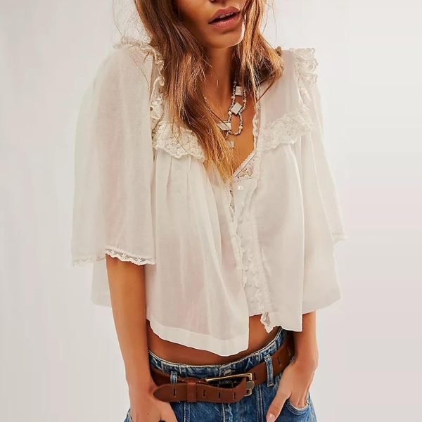 719dsmqBQ5L._AC_SL1500 Women's Sexy Low Cut Chiffon Shirt 3/4 Sleeve V Neck Sheer Button Down Blouse Cute Ruffle Lace Trim Top