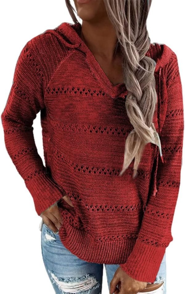 Women Color Block Hooded Crochet Striped Sweaters Lightweight Drawstring Hoodies Pullover Trendy Sweatshirts