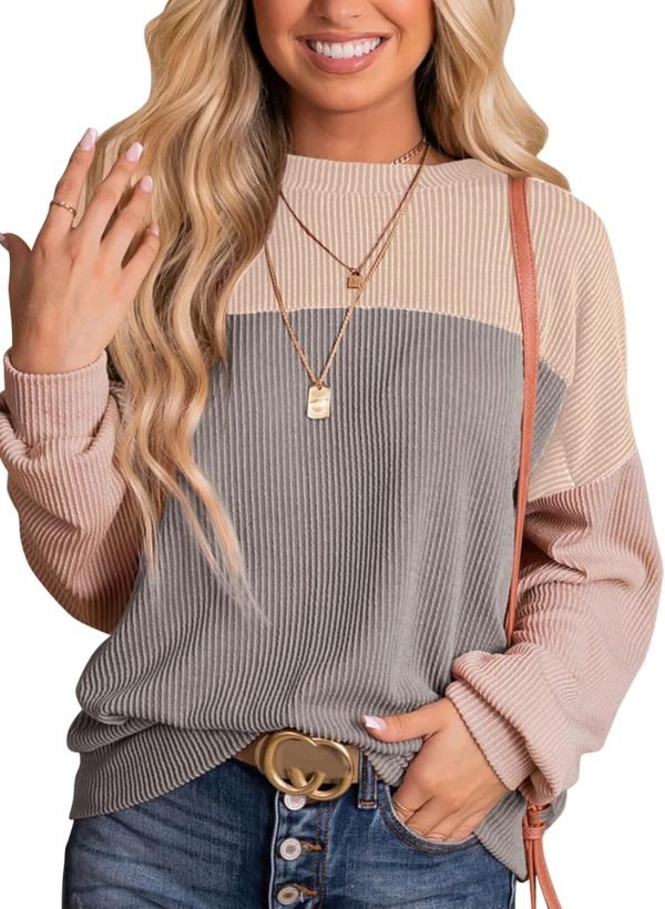 Womens Fashion 2024 Color Block Long Sleeve Crewneck Knitted Casual Loose Pullover Shirts Tops
