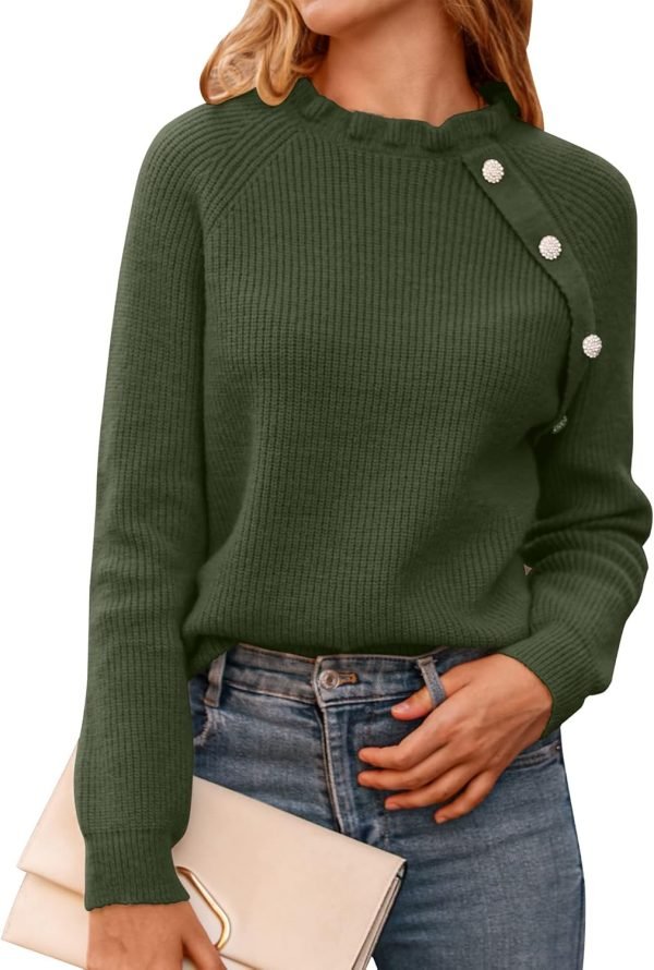 Women's Sweaters Casual Long Sleeve Button Down Crew Neck Ruffle Knit Pullover Sweater Tops Solid Color Striped