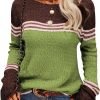 Women Autumn Winter Colorblock Pullover Sweaters Round Neck Striped Slim Fitting Knitwear Tops