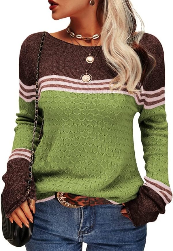 Women Autumn Winter Colorblock Pullover Sweaters Round Neck Striped Slim Fitting Knitwear Tops