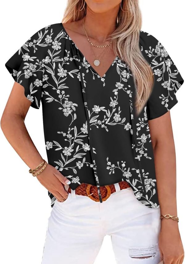 Womens 2024 Summer Tunic Tops Casual Short Sleeve Blouses V Neck Dressy Chiffon Boho Tshirts